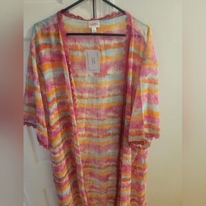 Beachy LuLaRoe Kimono Breezy ROBE Vibrant Pink and Orange Top LAYERING Piece